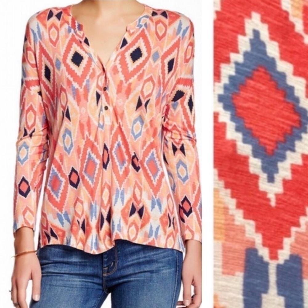 LUCKY BRAND Geometric Print Long Sleeve Bohemian Top Medium